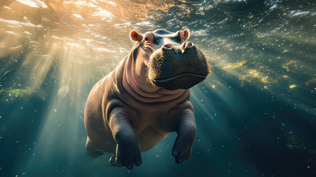 An enchanting underwater view captures a hippopotamus swimming gracefully in sun-drenched waters, showcasing a serene and vibrant aquatic environment.の素材