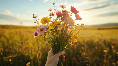 A stunning image of a hand holding a vibrant bouquet of wildflowers, beautifully silhouetted against a golden sunset, capturing the essence of natural beauty.の素材