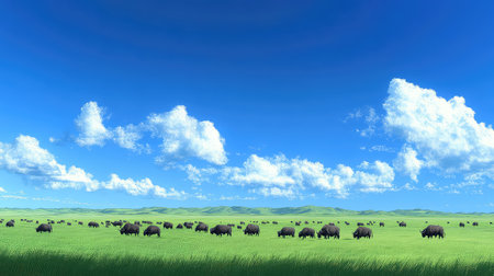 A picturesque scene featuring a herd of bison grazing peacefully on vibrant green grass under a bright blue sky dotted with fluffy clouds.の素材