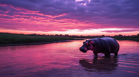 A majestic hippopotamus stands in shallow water, silhouetted against a breathtaking sunset of vivid purple hues and soft clouds, creating a serene atmosphere.の素材