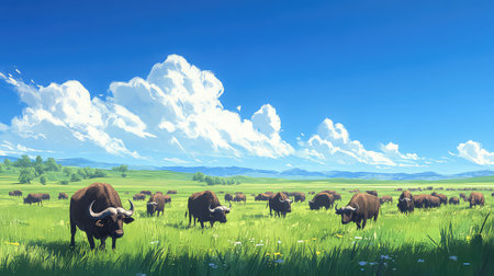 A picturesque scene featuring a herd of water buffalo grazing peacefully in a vibrant green meadow. The bright blue sky and fluffy white clouds create a tranquil and serene atmosphere, perfect for nature lovers and agricultural themes.の素材