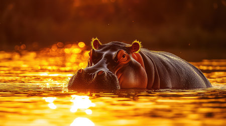 A majestic hippo emerges from shimmering golden waters during sunset, showcasing its unique features while enhancing the beauty of the natural landscape.の素材