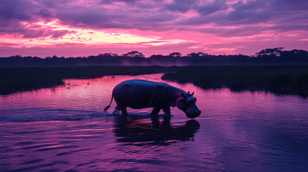 A hippo strolls through the calm waters as the sun sets, casting a magical palette of purple and pink across the sky, creating a serene atmosphere.の素材