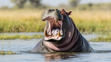 A stunning image of a hippo yawning, showcasing its large teeth and distinctive features, amidst serene water and lush greenery, capturing wildlife's beauty.の素材