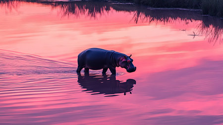 A serene hippo walks through calm waters during a stunning sunset, creating beautiful pink reflections in the lake that enhance the tranquil atmosphere.の素材