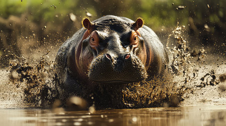 A powerful hippopotamus bursts from the muddy water, showcasing its strength and agility. The striking image captures an essential moment in wildlife.の素材
