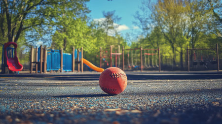 A bright red ball sits prominently on a playground surface, surrounded by lush trees and vibrant playground equipment, capturing a sunny day of play.の素材