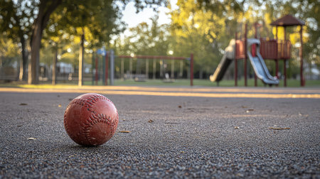 A close-up shot of a red rubber ball resting on a textured playground surface, with vibrant play equipment softly blurred in the background, capturing a moment of outdoor fun.の素材