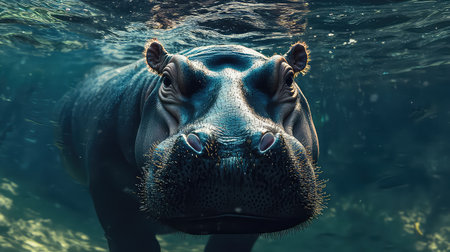 Discover a stunning underwater portrait of a hippo gracefully swimming in clear waters, showcasing its serene presence and intricate features.の素材