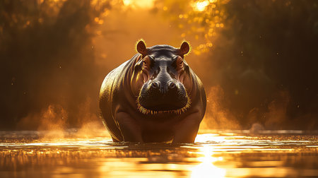 A majestic hippo emerges from the water during sunrise, surrounded by golden light and mist. The serene atmosphere highlights the beauty of wildlife.の素材