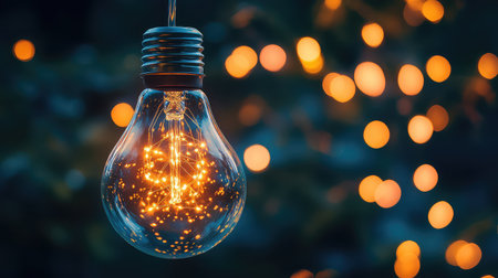 A stunning light bulb displaying a glowing filament creates a warm and inviting atmosphere. It is beautifully surrounded by soft bokeh lights, perfect for capturing a magical, cozy feel in photography or design projects.の素材