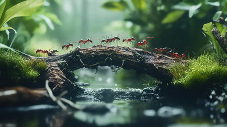 A captivating scene of ants forming a bridge over a gentle stream in a vibrant forest, showcasing nature's intricate teamwork and survival strategies.の素材