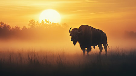 A stunning silhouette of a bison stands gracefully against a vibrant golden sunrise in a misty meadow, evoking tranquility and wonder in nature.の素材