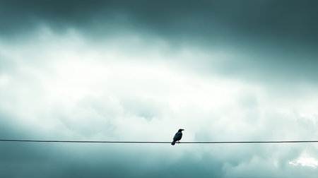A solitary bird rests on a power line against a backdrop of dark clouds, capturing the beauty of nature's calm and the ambiance of twilight.の素材