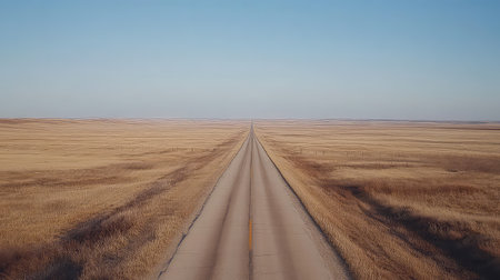 Capture the essence of freedom with this stunning image of a long, empty road through beautiful golden fields under a vast blue sky. Ideal for travel themes.の素材