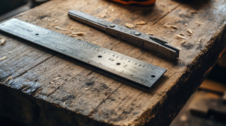Close-up view of a vintage metal ruler and a caliper resting on a weathered wooden workbench, with scattered wood shavings emphasizing a rustic workshop atmosphere.の素材