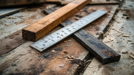 This close-up image captures the intricate details of wooden planks, a metal ruler, and sawdust on a rustic workshop table. Perfect for craftsmanship themes.の素材