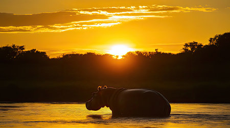 A captivating image featuring a hippopotamus against a golden sunset, highlighting the serenity of nature and wildlife in Africa's pristine landscapes.の素材