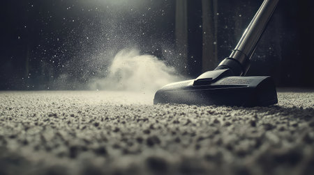 A vacuum cleaner in action, effectively removing dust and dirt from a carpeted floor. The scene captures a moment of domestic hygiene in a softly lit environment.の素材
