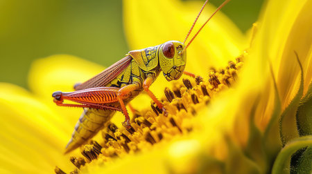 A stunning macro view of a vibrant grasshopper perched on the petals of a sunflower, showcasing intricate details of natureの素材