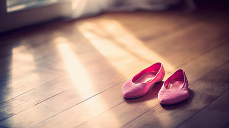 A pair of elegant pink ballet flats rests gently on a warm wooden floor, illuminated by soft natural light, creating a serene atmosphere and inviting style.の素材
