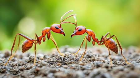 This striking close-up showcases two red ants interacting on soil, highlighting intricate details of their bodies and environment, embodying nature's complexity.の素材