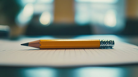 A vibrant yellow pencil rests on a sheet of white paper, creating a minimalist yet inspiring scene perfect for themes of education and creativity.の素材