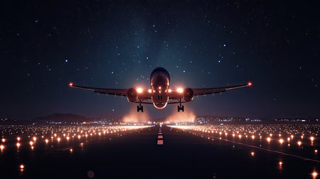 This captivating image features an airplane taking off at night, surrounded by a beautifully illuminated runway and a starry sky, evoking a sense of adventure.の素材