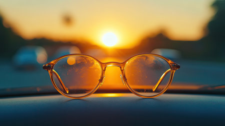 A pair of vintage round sunglasses rests on a dashboard, beautifully illuminated by a glowing sunset. Blurred cars in the background create a travel mood.の素材