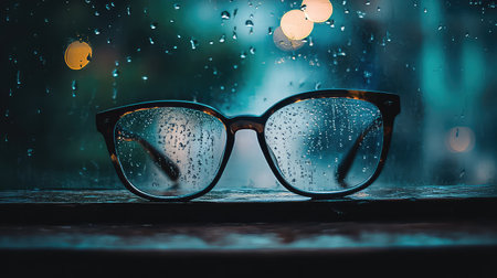 A pair of stylish eyeglasses rests on a windowsill, featuring vibrant raindrops on the glass, creating a serene and contemplative atmosphere.の素材