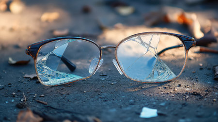 A pair of broken eyeglasses rests on the ground, surrounded by fallen leaves and debris. The shattered lenses reflect a poignant sense of loss and neglect, capturing a moment of fragility in a natural setting.の素材