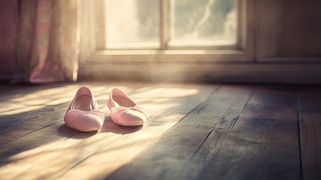 This enchanting image features delicate pink ballet shoes resting on a wooden floor, illuminated by soft light streaming through a window, evoking tranquility.の素材