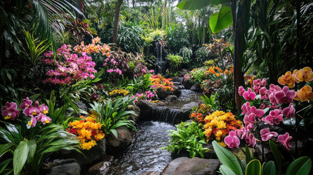Discover a breathtaking tropical garden featuring a vibrant display of orchids and colorful flowers surrounding a serene stream. An oasis of natural beauty, this scene evokes tranquility and harmony in a lush green environment.の素材