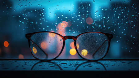A pair of stylish glasses rests on a window sill, adorned with raindrops, while vibrant city lights create a dreamy backdrop at night.の素材