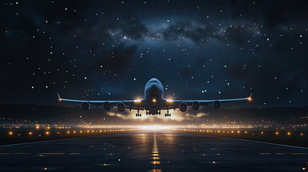 A stunning image of an airplane taking off at night, surrounded by a starry sky. The bright lights illuminate the runway, creating a dramatic effect.の素材