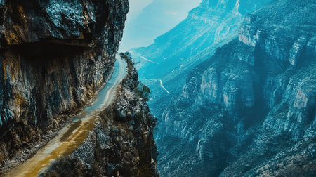 A stunning view of a winding mountain road carved into steep cliffs, surrounded by dramatic landscapes, evoking a sense of adventure and exploration.の素材