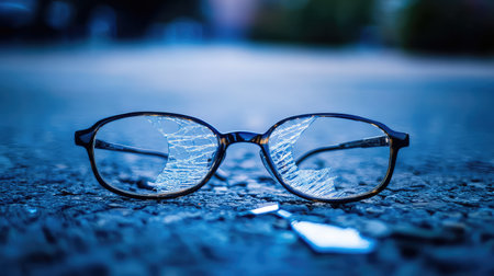 A pair of cracked eyeglasses lies on the ground, capturing the essence of damage and loss of utility, set against a softly blurred background.の素材