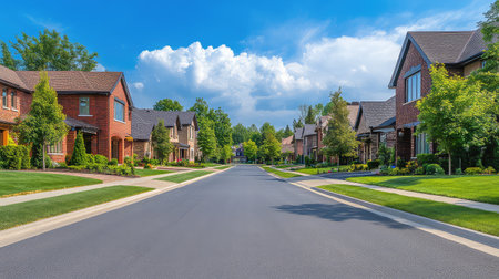 Inviting scene of a peaceful suburban street lined with charming houses and manicured lawns, showcasing a vibrant blue sky and fluffy clouds overhead.の素材
