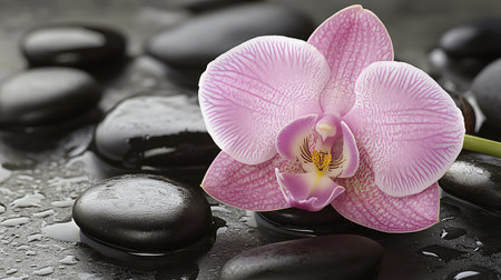 A delicate pink orchid rests on a bed of smooth black stones, accentuated by glistening water droplets. This serene composition exudes tranquility and beauty.の素材
