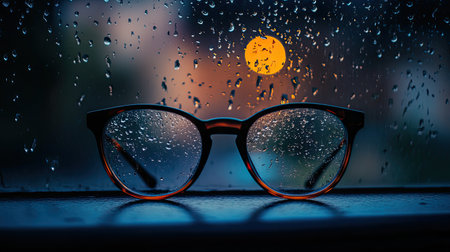 A striking close-up view of stylish glasses resting on a window sill, adorned with raindrops, set against a moody dusk backdrop with bokeh lights.の素材