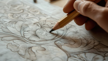 A close-up view of an artisan using a pencil to draw intricate floral patterns on paper, highlighting craftsmanship and creativity in a serene workspace.の素材