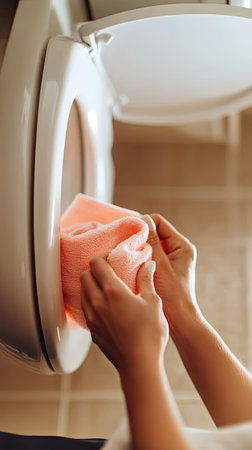 A close-up view of hands placing a soft peach towel into the door of a washing machine. This image illustrates a common household chore, highlighting cleanliness and domestic routine.の素材