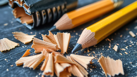 A detailed close-up of sharpened yellow and brown pencils surrounded by fresh wood shavings on a dark table, ideal for artistic and educational themes.の素材