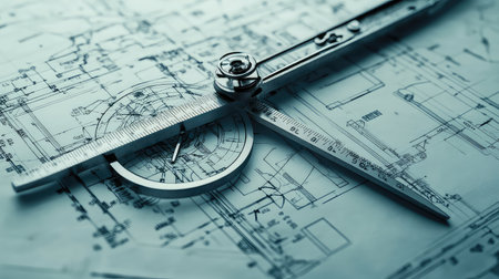 This image showcases a detailed architectural blueprint accompanied by precision compasses, ideal for design and engineering projects.の素材