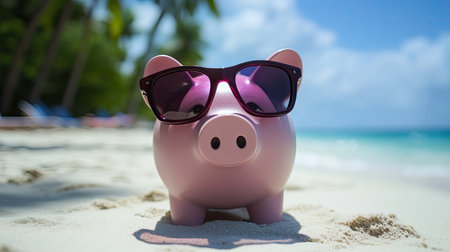 A playful pink piggy bank dons stylish sunglasses while resting on a pristine beach. The scene features white sand, clear water, and palm trees, evoking a carefree summer vibe perfect for promoting savings and relaxation.の素材