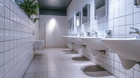 This image depicts a modern bathroom interior featuring bright lighting, sleek white tiles, and stylish sinks. An inviting space emphasizes cleanliness and design.の素材