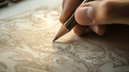 A close-up view of a hand skillfully using a pencil to create intricate floral patterns on textured paper, showcasing the beauty of artistic craftsmanship.の素材