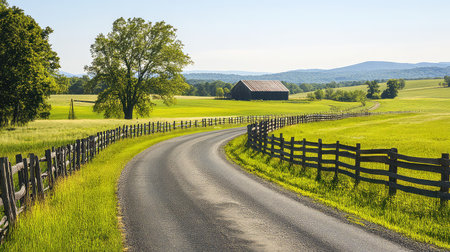 A picturesque view of a winding country road surrounded by vibrant green fields, with a classic barn nestled against the backdrop of rolling hills.の素材