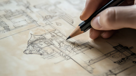 A close-up view of a hand skillfully holding a pencil, creating intricate architectural sketches on textured aged paper, emphasizing artistry and design process.の素材