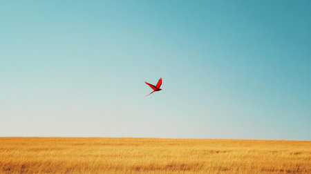 A stunning capture of a vibrant red bird gracefully soaring through a clear blue sky over a vast golden field, representing the essence of freedom and nature's beauty.の素材